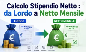 Calcolo stipendio: da lordo a netto mensile. Sacchi di denaro e buste paga mostrano la trasformazione.