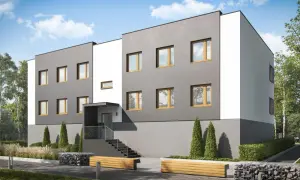 Nowoczesny blok mieszkalny z szarymi i białymi elewacjami, drewnianymi oknami i zielenią.