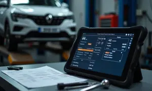 Diagnóstico de un Renault 1525f3 en taller. Tablet muestra datos del vehículo y herramientas a su lado.
