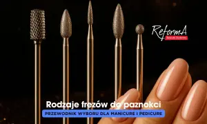 Różne rodzaje frezów do paznokci, od walcowatych po stożkowe i kulkowe, prezentowane obok zadbanej dłoni.