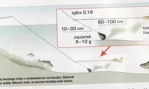 Wędkarz łowi ryby metodą bocznego troku. Ciężarek wleczony po dnie wzbija muł, co wabi okonie.