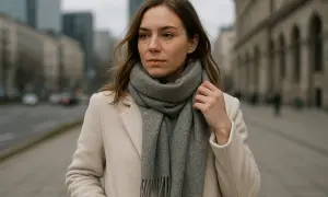 Kobieta w beżowym płaszczu i szarym szaliku na tle miasta. Idealne połączenie, jaki szalik do beżowego płaszcza? Szary!