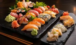 Talerz sushi z łososiem, tuńczykiem i krewetkami. Czy sushi jest kaloryczne? Zależy od dodatków, ale to danie jest zdrowe i pyszne.