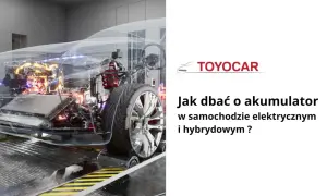 Przezroczysty samochód elektryczny z widocznym akumulatorem i elementami napędu. Tekst: "Jak dbać o akumulator w samochodzie elektrycznym i hybrydowym?".