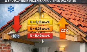 Współczynnik przenikania ciepła wzór U dla dachu: od 0,15 do 0,40 W/m²K, pokazujący różnice temperatur -10°C i 22°C.
