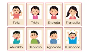 Tarjetas con dibujos de emociones para niños: feliz, triste, enojada, tranquila, aburrido, nervioso, agobiado, ilusionado.