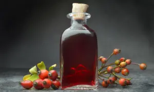 Szklana butelka z ciemnoczerwonym płynem, korkowana, obok gałązki z owocami dzikiej róży. Nalewka dzika róża w butelce.