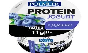 Jogurt proteinowy dla aktywnych, z jagodami. Wysoka zawartość białka 11g w kubku, 0% tłuszczu.