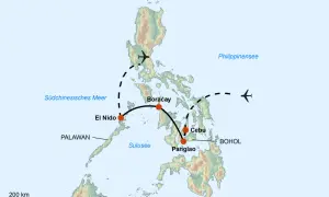 Reiseroute Philippinen 3 Wochen: Karte zeigt Flugrouten zwischen El Nido, Boracay, Cebu und Panglao.