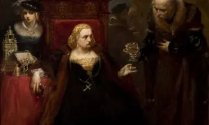 Bona Sforza, królowa Polski, siedzi na tronie, podając kielich z winem. Obok niej młoda dama, a z prawej strony starszy mężczyzna.