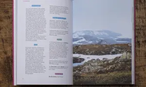 Ein kleines Haus in der norwegischen Berglandschaft, Schnee und Felsen. Ein Zug durch Europa ist hier eine Reise wert.