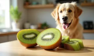 Złoty retriever z zaciekawieniem patrzy na pokrojone kiwi. Czy pies może jeść kiwi? To pytanie nurtuje wielu właścicieli czworonogów.