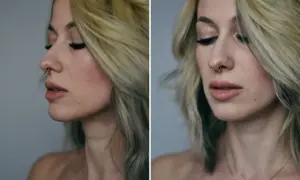Kobieta z blond włosami i złotym septum. Czy septum boli? To pytanie zadaje sobie wiele osób, ale widok tej ozdoby sugeruje, że warto.