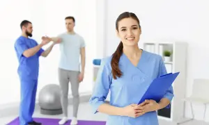Fizjoterapeutka w niebieskim uniformie trzymająca teczkę, w tle terapeuta ćwiczący z pacjentem.