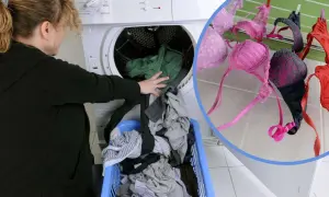 Frau lädt Wäsche in den Trockner. BHs trocknen an der Leine.