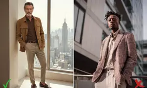 Zwei Männer in **smart casual** Outfits. Links ein älterer Mann in brauner Jacke und beiger Hose, rechts ein jüngerer Mann im karierten Sakko.