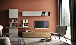 Tavola abbinamento colori: soggiorno moderno con mobili grigi e legno, parete color terracotta, poltrona antracite.