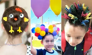 Peinados divertidos niños: un pollito en el pelo, una corona de globos y pinzas de colores. ¡Creatividad al máximo!