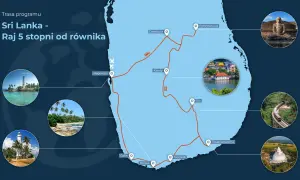 Mapa z trasą podróży po Sri Lance: Negombo, Dambulla, Polonnaruwa, Kandy, Ella, Tissamaharama, Tangalle, Mirissa, Galle. Raj 5 stopni od równika.