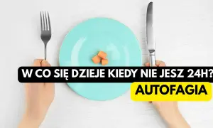 Ręce trzymają widelec i nóż nad talerzykiem z marchewką. Tekst pyta: "W co się dzieje kiedy nie jesz 24H? Autofagia".