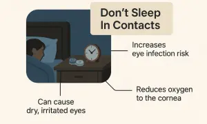 Don't sleep in contacts. It can cause dry, irritated eyes, reduce oxygen to the cornea, and increase eye infection risk.