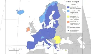 Mapa Europy pokazuje strefę Schengen. Gdzie jest Zurych? W Szwajcarii, która należy do UE i strefy Schengen (kolor niebieski).