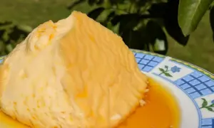 Delicioso flan de huevo sin azúcar, con su caramelo dorado, servido en un plato con diseño floral.
