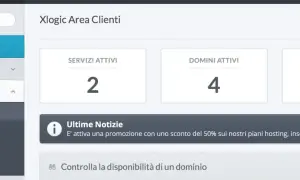 Dashboard Xlogic: 2 servizi attivi, 4 domini attivi, 1 fattura da pagare. Scopri il epp significato delle promozioni.
