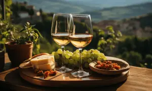Due calici di vino bianco, uva, formaggio e pomodori secchi su un tagliere, con un paesaggio collinare sullo sfondo. Un assaggio del puglia wine.