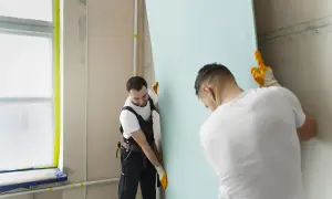 Dwóch mężczyzn montuje płyty gipsowo-kartonowe, tworząc zabudowę GK.