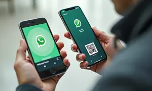Dwie osoby trzymają telefony, jeden pokazuje logo WhatsApp, drugi kod QR. To ilustracja, jak przenieść WhatsApp na nowy telefon.