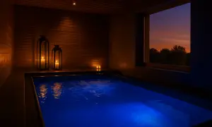 Relájate en este circuito spa en Valencia, con piscina azul, velas encendidas y una vista al atardecer.
