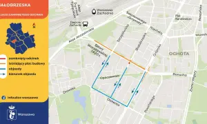 Mapa objazdów dla zamkniętego odcinka przy Dworcu Zachodnim w Warszawie. Wskazuje trasy objazdów i kierunki ruchu.