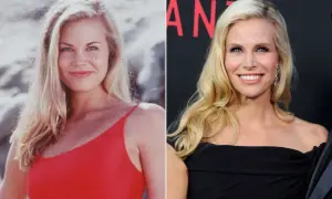 Słoneczny patrol obsada: Nicole Eggert w czerwonym stroju kąpielowym i później na premierze w czarnej sukni.
