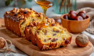 Tranche de cake aux fruits confits, garnie de noix, arrosée de miel doré. Un délice automnal.