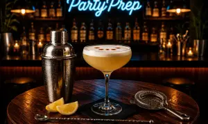 En perfekt whisky sour med skummig topp, bredvid en shaker och citronskivor. Baren i bakgrunden lyser med neonskylten "Party Prep".