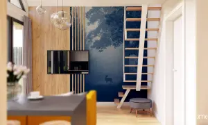 Nastrojowa tapeta z motywem leśnym i jeleniami tworzy magiczną atmosferę. Drewniane elementy i nowoczesne schody dopełniają aranżację.