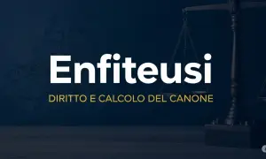 Bilancia della giustizia e testo "Enfiteusi: Diritto e Calcolo del Canone". Un esempio di enfiteusi spiegato.