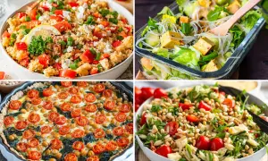 Vier leckere kalte Gerichte: Couscous-Salat, Glasnudelsalat mit Tofu, herzhafte Quiche und ein mediterraner Nudelsalat.