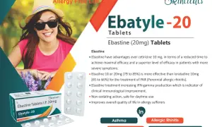 Uśmiechnięta kobieta cieszy się życiem bez alergii, obok opakowanie leku Ebatyle-20 (Ebastine 20mg) na alergiczny nieżyt nosa.
