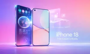 L'iPhone 18, avec son écran futuriste affichant une planète et des icônes lumineuses, promet une nouvelle ère technologique.