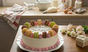 Torta di compleanno bianca decorata con macarons colorati e scritta "Buon Compleanno". Sul tavolo, fiori e un piccolo pacchetto regalo.