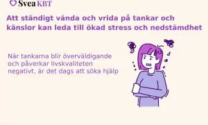 En illustration av en person med armarna i kors och oroliga tankar som virvlar runt huvudet. Texten beskriver hur man kan bryta tvångstankar och söka hjälp.