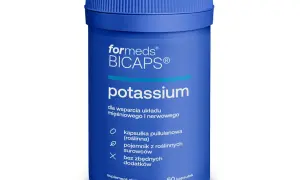 Niebieski suplement diety Formeds BICAPS Potassium. Potas na co pomaga? Wspiera układ mięśniowy i nerwowy. 60 kapsułek.