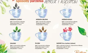 Ilustracja pokazuje sposoby parzenia herbat i naparów, uwzględniając temperaturę wody i czas parzenia, co wpływa na rozpuszczalność tanin.