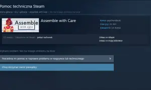 Zrzut ekranu z pomocy technicznej Steam dla gry "Assemble with Care", z opcją zwrotu pieniędzy.