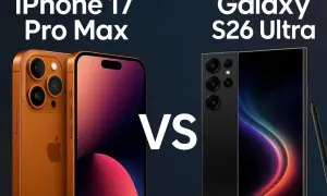 Pomarańczowy iPhone 17 Pro Max i czarny Samsung Galaxy S26 Ultra na tle.