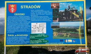Tablica informacyjna o grodzisku Stradów, jego historii i kościele pw. św. Bartłomieja. Widok na krajobraz z wałami grodziska.