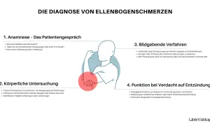 Schema zur Diagnose von Ellenbogenschmerzen, mit Fokus auf Anamnese, Untersuchung, Bildgebung und Punktion. Ein roter Kreis markiert den Bereich des capitulum humeri.