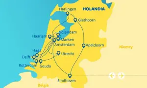 Mapa pokazuje gdzie jest Holandia, z zaznaczonymi miastami: Amsterdam, Haga, Rotterdam, Utrecht, Giethoorn i innymi.